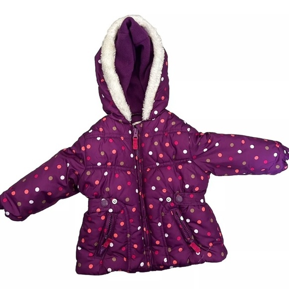 Baby Girl Oshkosh B’Gosh Purple Polka Dotted Puffer Jacket Snow Bib Size 12 M - Picture 4 of 8